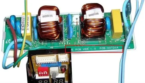 EMI-Platine mit mehreren Spulen und Kondensatoren, beschriftet mit "EMI PCB VER 1.0 PCB-00724A", verwendet in Geräten von Remko.