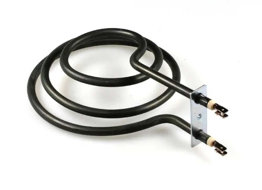 Heizelement von Remko in geschwungenem Design mit zwei Anschlüssen. Es besteht aus einem metallischen Teil und isolierten Verbindungsstücken.