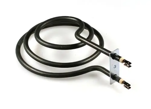 Heizelement von Remko in geschwungenem Design mit zwei Anschlüssen. Es besteht aus einem metallischen Teil und isolierten Verbindungsstücken.
