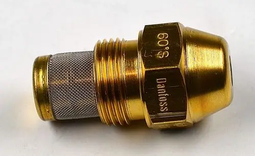 Danfoss Öldüse mit Metallnetz und Gewindebasis, geeignet für Heizsysteme. Produkt von Remko, zeigt eine Goldbeschichtung und besteht aus robustem Material.