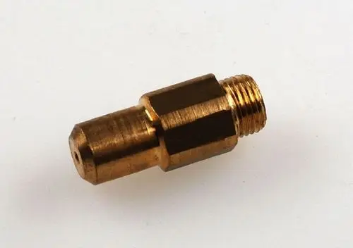 Gasdüse aus Messing mit Gewinde für Anschluss. Teil eines Systems von Remko zur Gasbrenneranpassung. Rund und kompakt mit Bohrung an der Spitze.