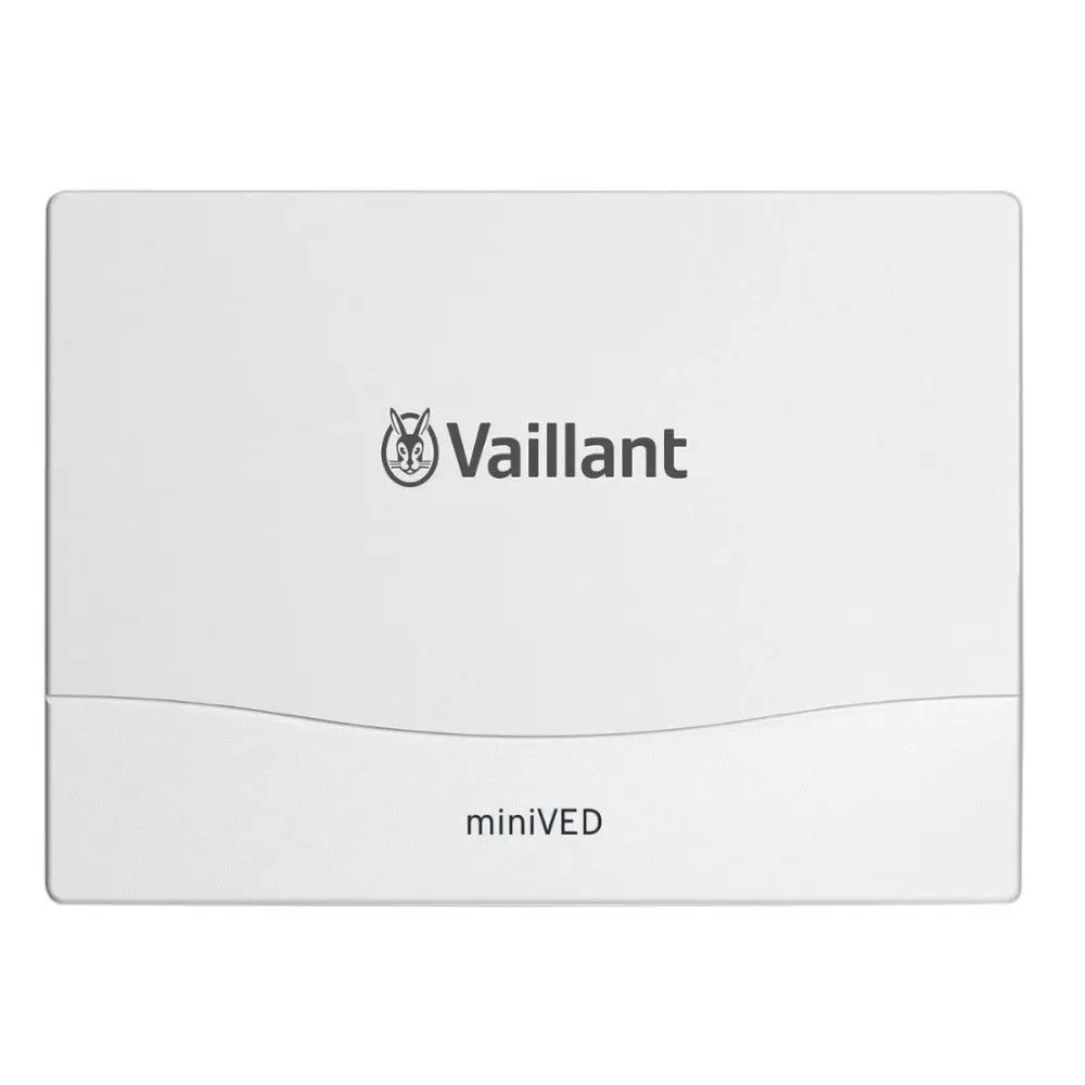 Weißes Gerät mit dem Logo von Vaillant, ausgestattet mit einer glatten Oberfläche und der Bezeichnung "miniVED" auf der Unterseite.