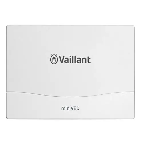 Weißes Gerät mit dem Logo von Vaillant, ausgestattet mit einer glatten Oberfläche und der Bezeichnung "miniVED" auf der Unterseite.