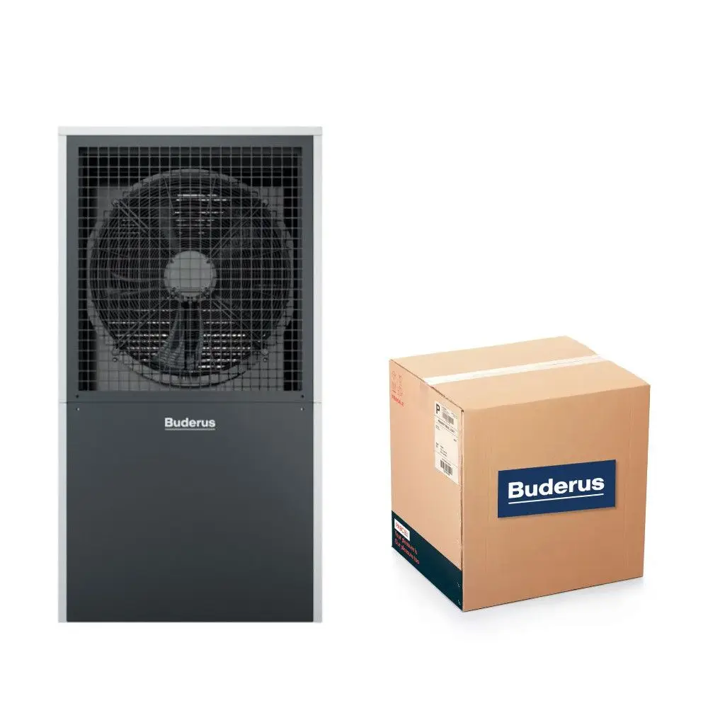 Wärmepumpe von Buderus, auf der linken Seite ein Gerät mit großem Lüftergitter, rechts ein Karton mit Buderus-Logo, neutraler Hintergrund.