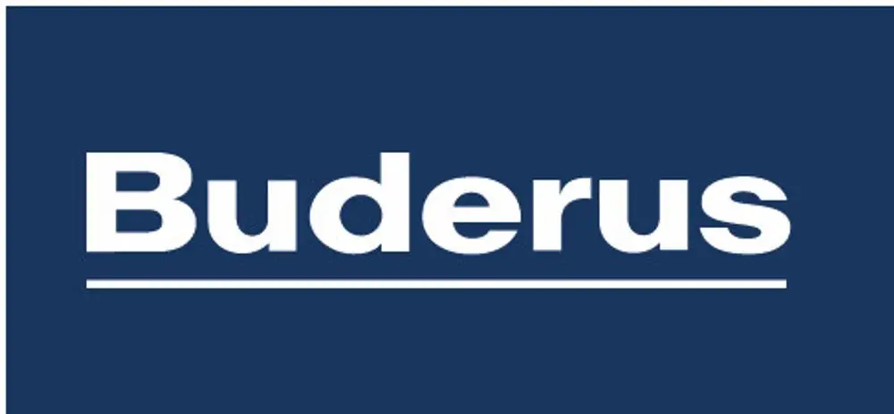 Buderus-Logo auf blauem Hintergrund, einfache Schriftart.