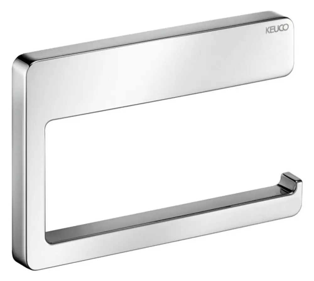 Keuco WC-Papierhalter in metallic glänzend, rechteckige Form mit offenem Halter für Toilettenpapierrollen, modernes Design ohne sichtbare Befestigungen.