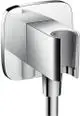 Chromfarbener Brausehalter von Hansgrohe mit fester Halteposition, montiert an einer geraden Wand, zeigt einen einfachen und funktionalen Designansatz.