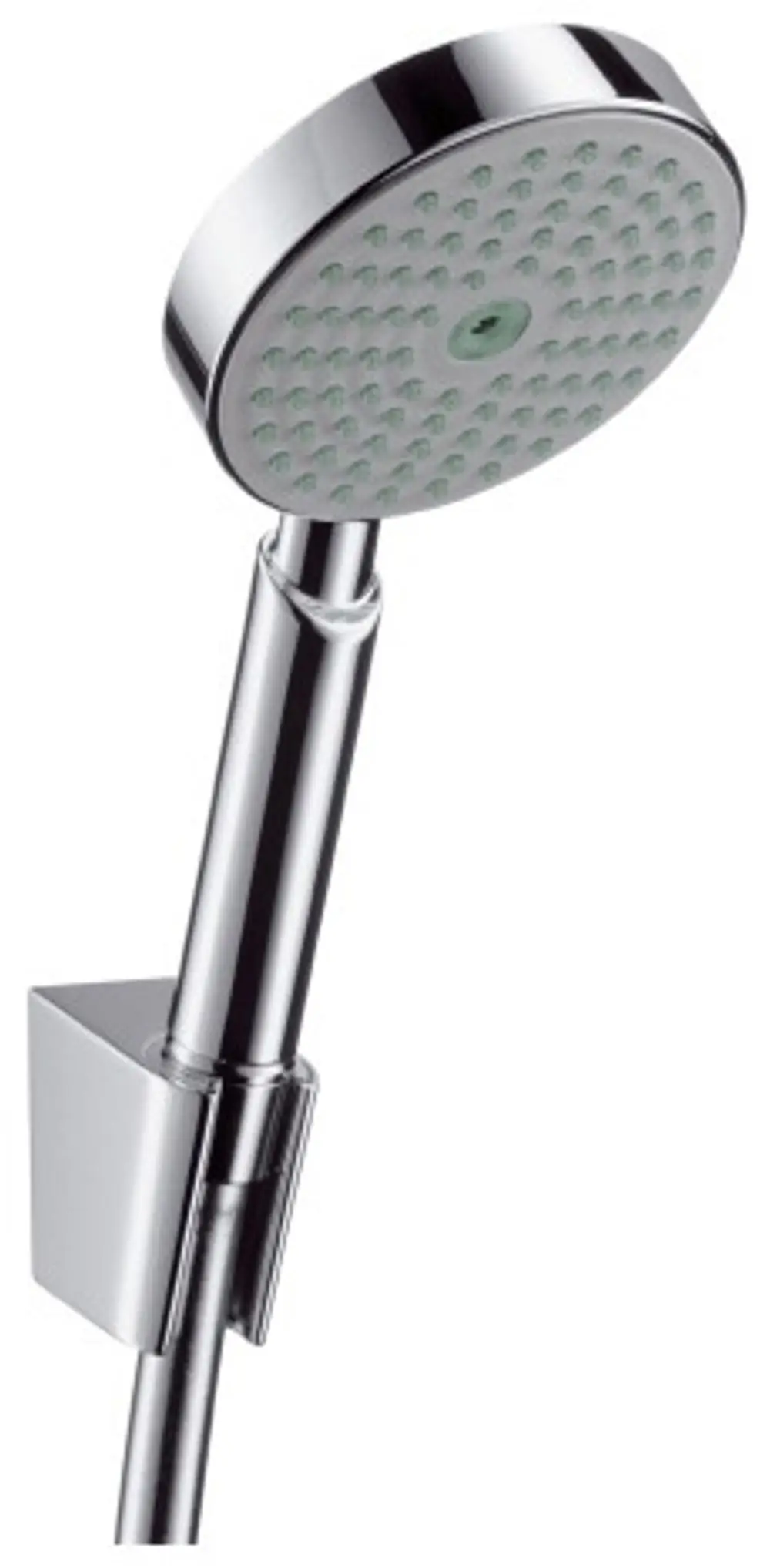 Hansgrohe Duschkopf mit runder, flacher Kopfbrause, vollem Wasserstrahl und flexibler Halterung, montiert an einem schlanken, chromfarbenen Arm.