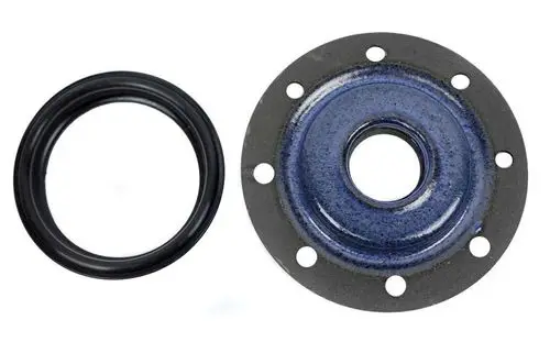 Flansch mit Dichtung, geeignet für Heizungsinstallationen. Enthält einen schwarzen Gummidichtungsring und eine metallische Platte mit Löchern zur Befestigung.