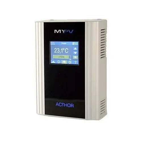 MYPV Gerätekontroller mit Farbdisplay zur Anzeige von Temperatur und Leistungsdaten. Gerät in einem kompakten Gehäuse mit seitlichen Kühlschlitzen.