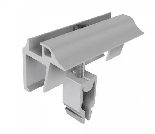 SL Rack Endklemme in Grau, mit einer Profilstruktur und einem Befestigungsmechanismus für verschiedene Anwendungsmöglichkeiten.