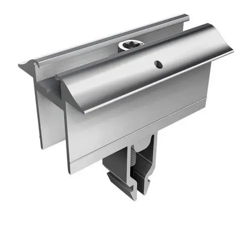 Mittenklemme aus Aluminium von SL Rack, geeignet für die Montage, mit einer Erdungsfunktion und einem zentralen Befestigungspunkt.