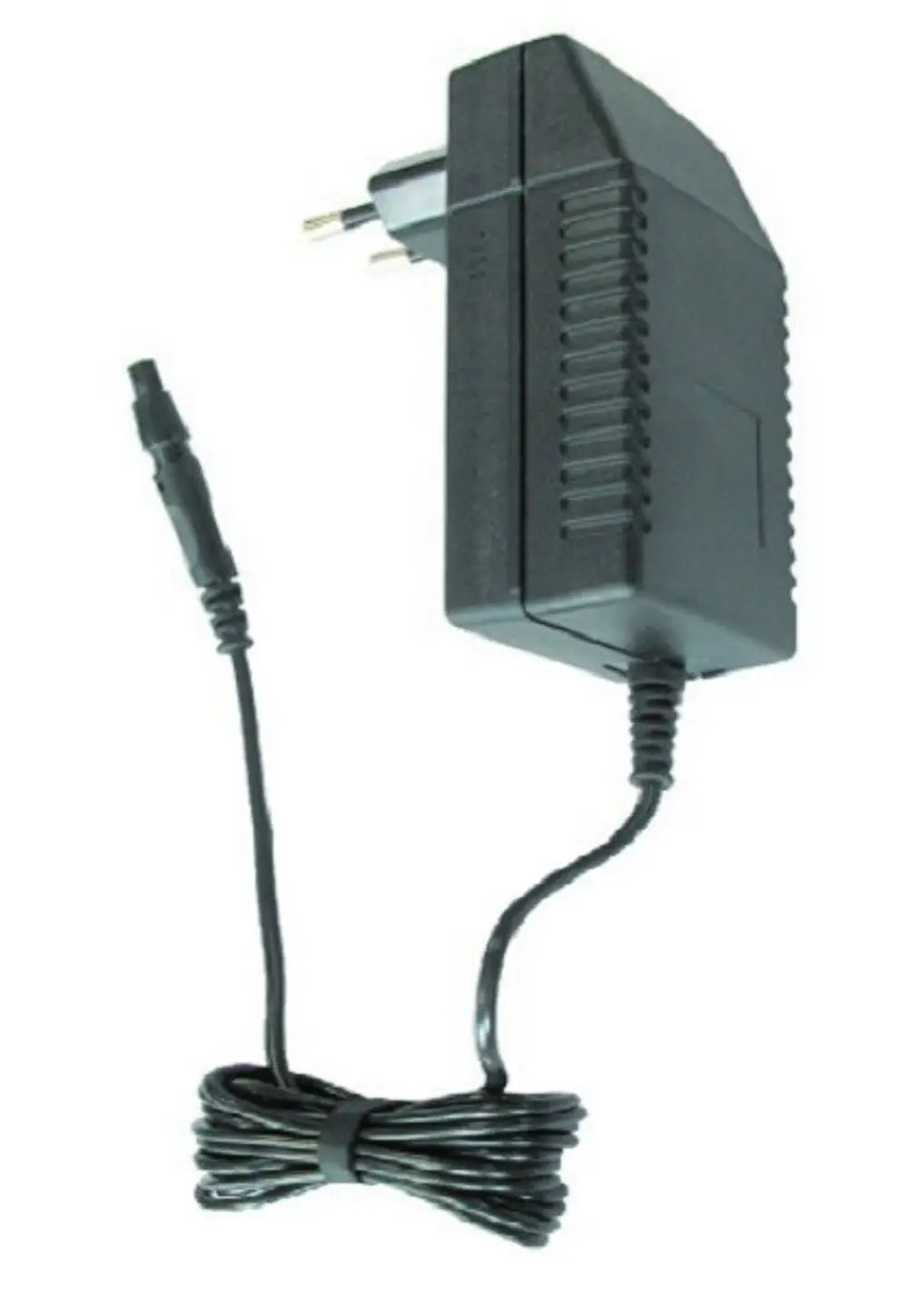 Schwarzes Netzteil mit Stecker und Kabel. Anschlusskabel hat einen Rundstecker. Entwickelt für die Verwendung mit Geräten von Fronius.