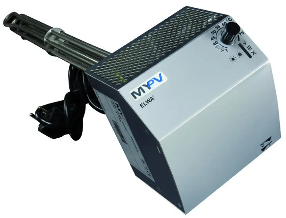 Warmwasserbereitungsgerät mit einem Gehäuse und Bedienelementen, Kabel und Heizstäben, hergestellt von MYPV.