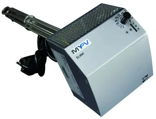 Warmwasserbereitungsgerät mit einem Gehäuse und Bedienelementen, Kabel und Heizstäben, hergestellt von MYPV.