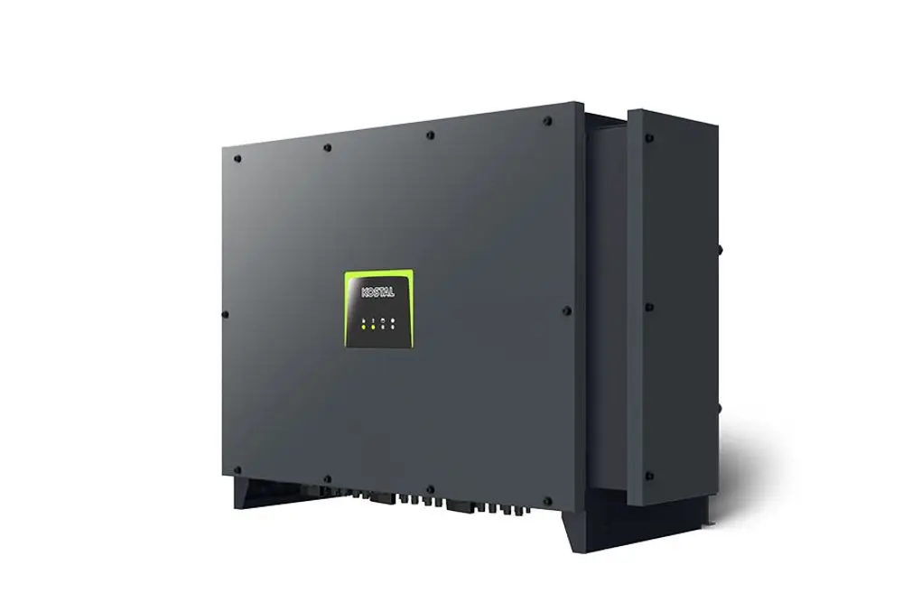 Kostal Wechselrichter in einem kompakten, monochromen Gehäuse mit Frontblende und LED-Anzeigen zur Statusanzeige. Ideal für die Integration in moderne Solarsysteme.