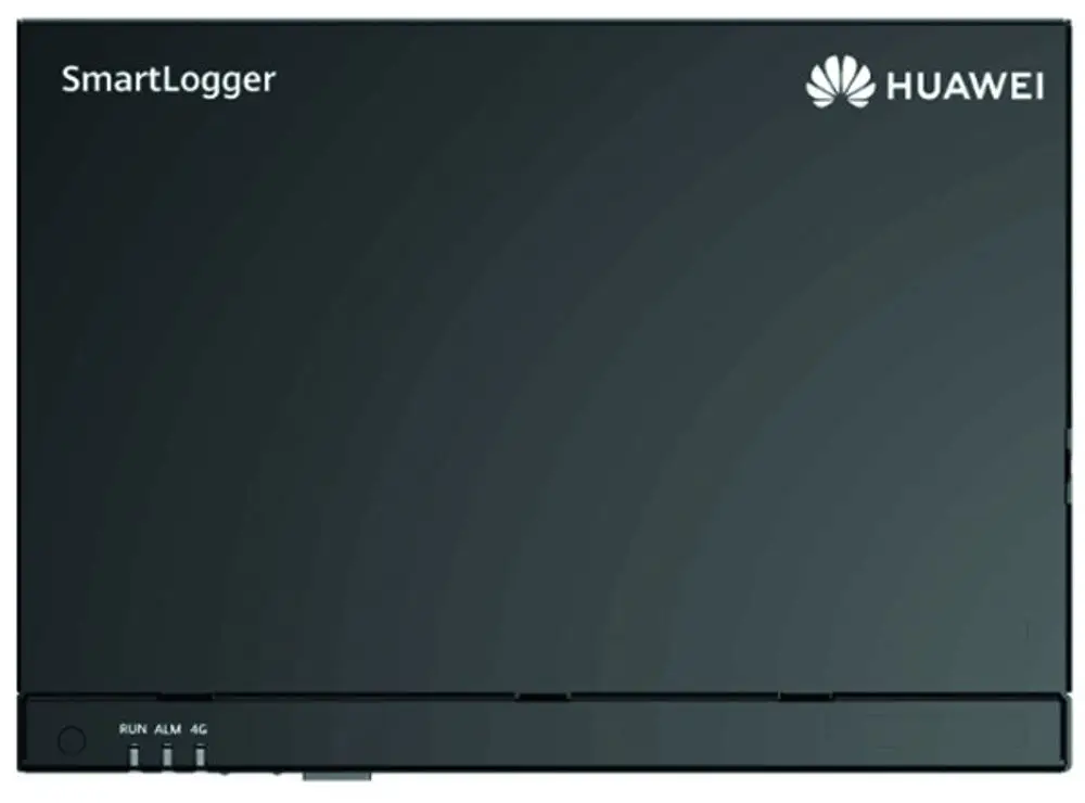 Huawei SmartLogger mit Anzeige und Tasten für Betriebszustände, angebracht an einer flachen Oberfläche in einer neutralen Umgebung.