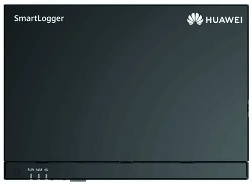 Huawei SmartLogger mit Anzeige und Tasten für Betriebszustände, angebracht an einer flachen Oberfläche in einer neutralen Umgebung.