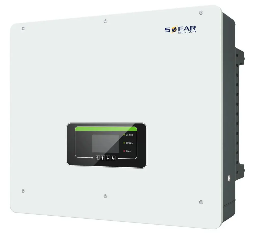 Weißer Hybrid-Wechselrichter von SOFAR solar mit einem Display und LED-Anzeigen für On-Grid, Off-Grid und Alarmstatus, zur Wandmontage geeignet.