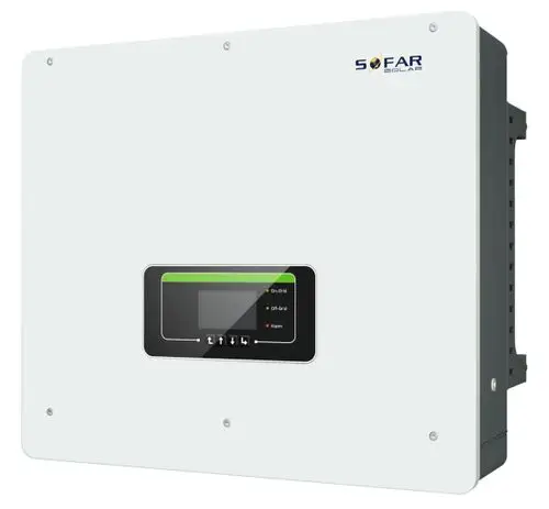 Weißer Hybrid-Wechselrichter von SOFAR solar mit einem Display und LED-Anzeigen für On-Grid, Off-Grid und Alarmstatus, zur Wandmontage geeignet.