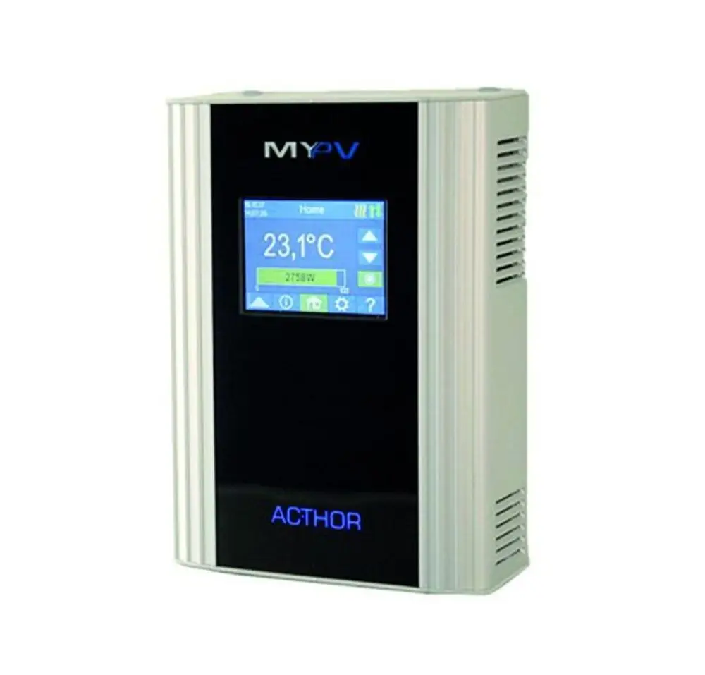 MYPV Gerät mit digitalem Display zur Anzeige von Temperaturen und Leistungsdaten, in kompaktem Gehäuse. Bedienfeld mit Tasten zur Funktionseinstellung.
