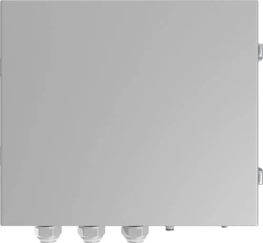 Graue Box mit drei Kabeldurchführungen an der Unterseite, die als Verbindungspunkt für elektrische Anwendungen dient. Produkt von Huawei.