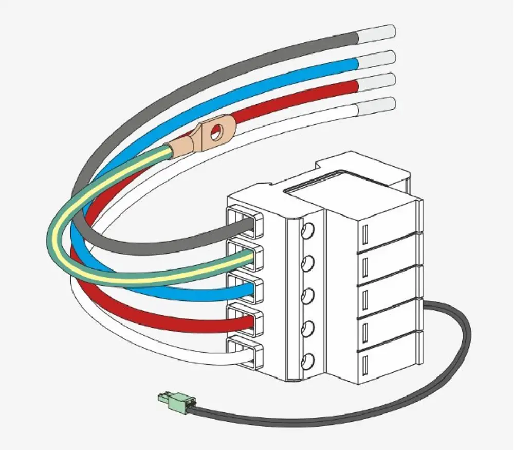 Kabelbaum mit mehreren Drähten in verschiedenen Farben, die zu einem Verbindungsblock führen. Der Schutzkit ist geeignet für Anwendungen wie die von SMA.