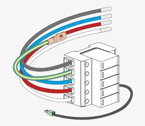 Kabelbaum mit mehreren Drähten in verschiedenen Farben, die zu einem Verbindungsblock führen. Der Schutzkit ist geeignet für Anwendungen wie die von SMA.