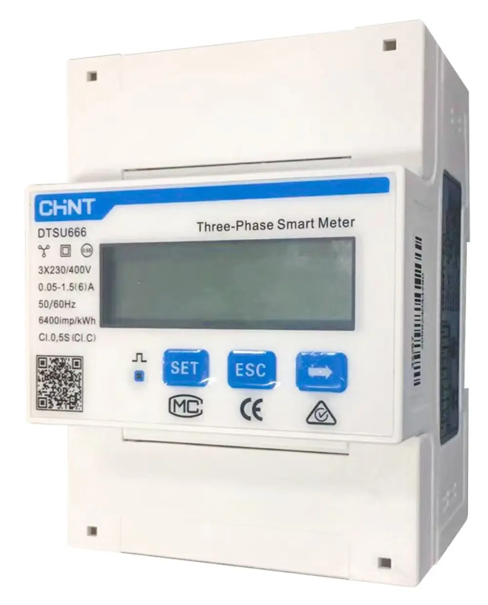 DTSU666 Smart Meter von SOFAR solar, ausgestattet mit einem LCD-Display und mehreren Tasten zur Navigation. Geeignet für die Wandlermessung in drei Phasen.