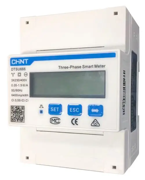DTSU666 Smart Meter von SOFAR solar, ausgestattet mit einem LCD-Display und mehreren Tasten zur Navigation. Geeignet für die Wandlermessung in drei Phasen.