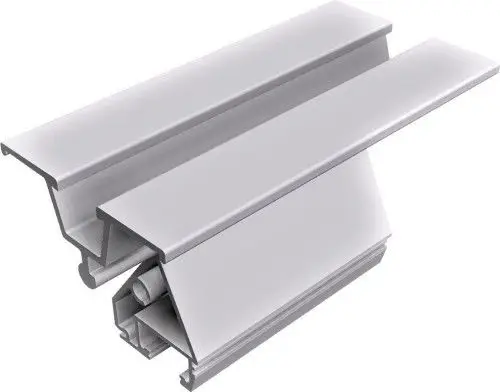 Modulauflager von Schletter in silberner Farbe, bestehend aus zwei parallel angeordneten Schienen mit Verbinder, geeignet für verschiedene Anwendungen im Bau- und Montagebereich.