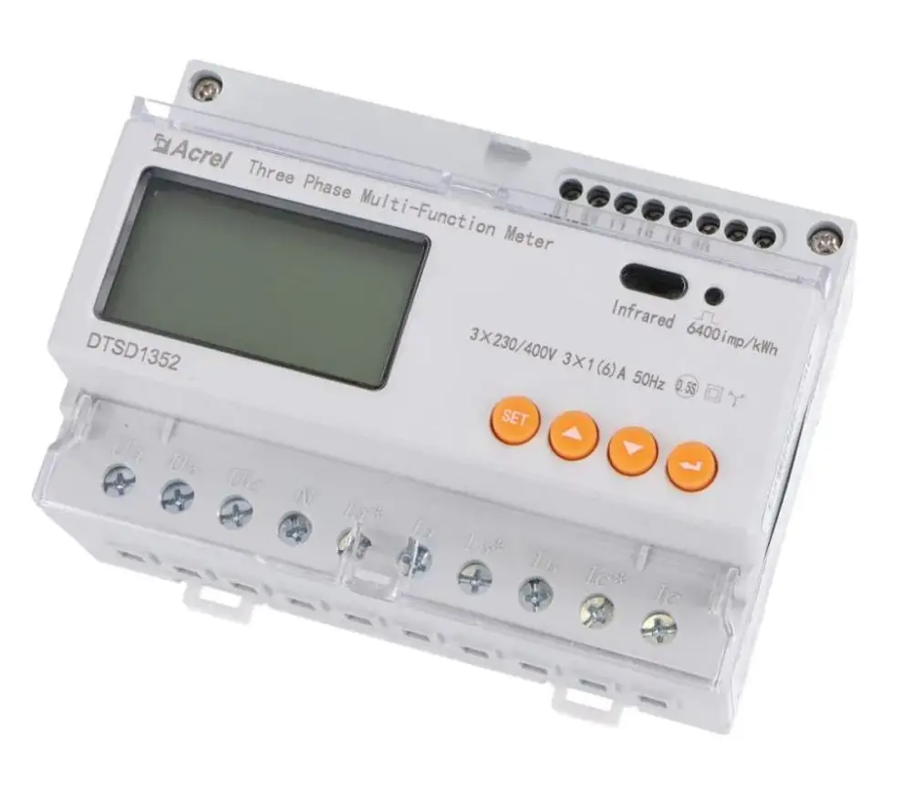 Drei-phasiger Energiemessgerät von Acred mit LCD-Display, Programmierknöpfen und Anschlussklemmen für Stromversorgung. Marke: Sungrow.