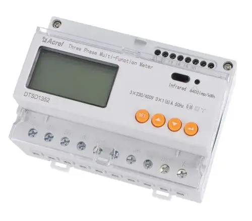 Drei-phasiger Energiemessgerät von Acred mit LCD-Display, Programmierknöpfen und Anschlussklemmen für Stromversorgung. Marke: Sungrow.