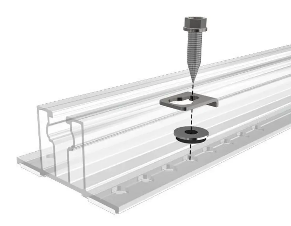 Ersatzteil von SL Rack, bestehend aus einer Schraube und einer Metallplatte, die für die Montage auf einem Aluminiumprofil vorgesehen ist.