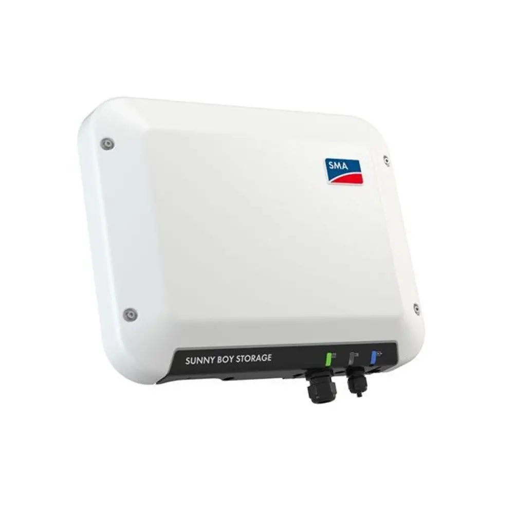 Weißer Batteriewechselrichter von SMA mit mehreren Anschlüssen und Statusanzeigen an der Vorderseite.