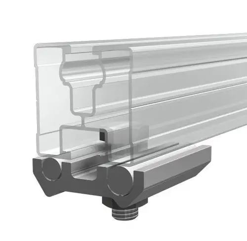 Aluminiumprofil von SL Rack, durchscheinend, mit detaillierter Schnittdarstellung und Anschlusspunkten für Montage, geeignet für verschiedene Anwendungen.