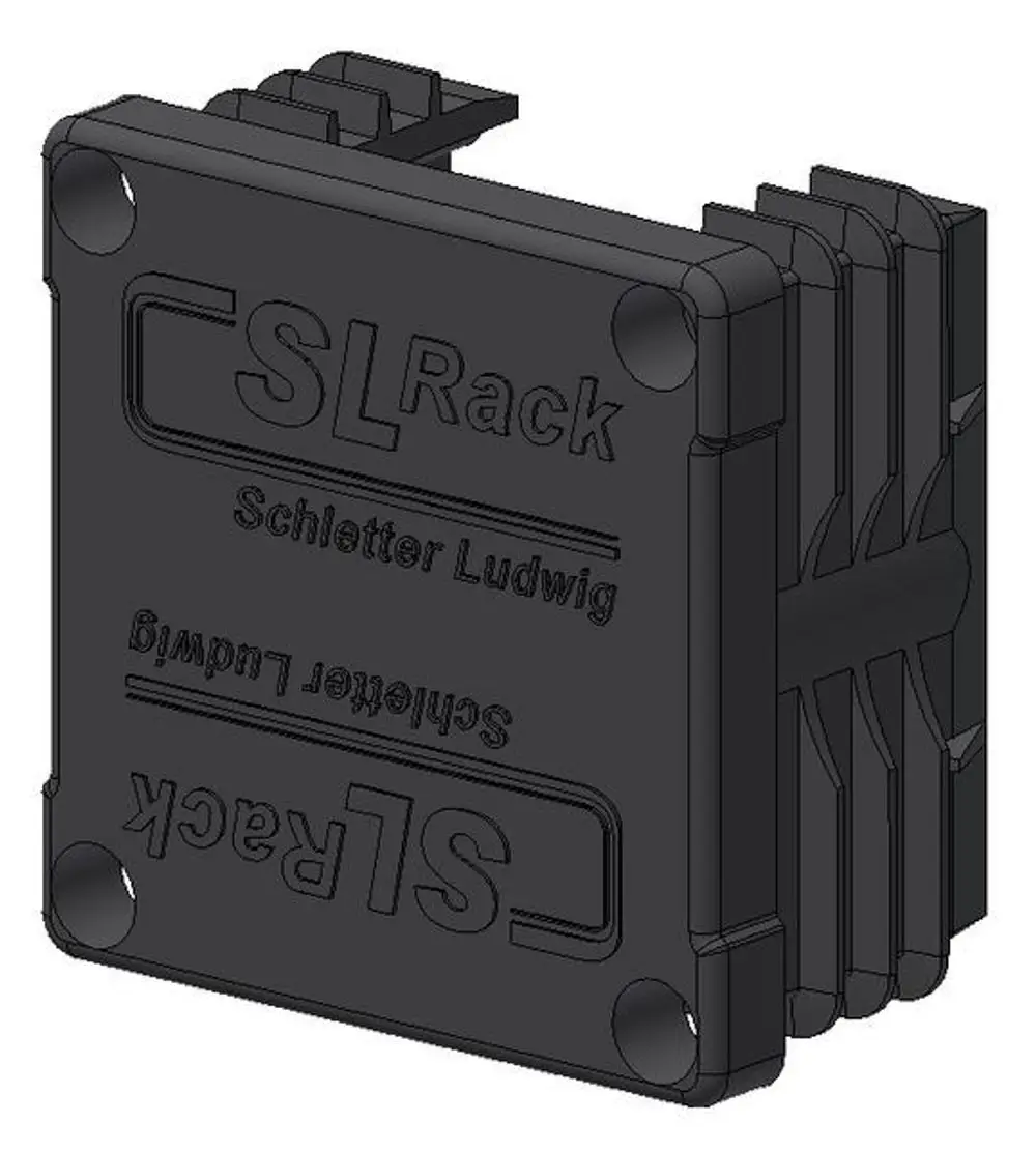 Kunststoff-Endkappe für ein Racksystem, schwarz mit der Aufschrift "SL Rack", geeignet für die Montage an einem Aluminiumprofil.