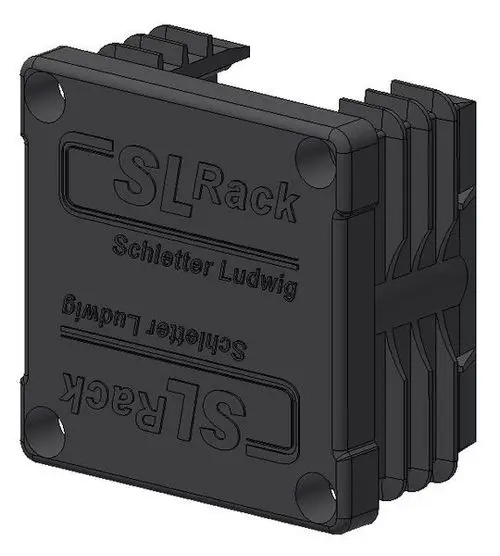 Kunststoff-Endkappe für ein Racksystem, schwarz mit der Aufschrift "SL Rack", geeignet für die Montage an einem Aluminiumprofil.