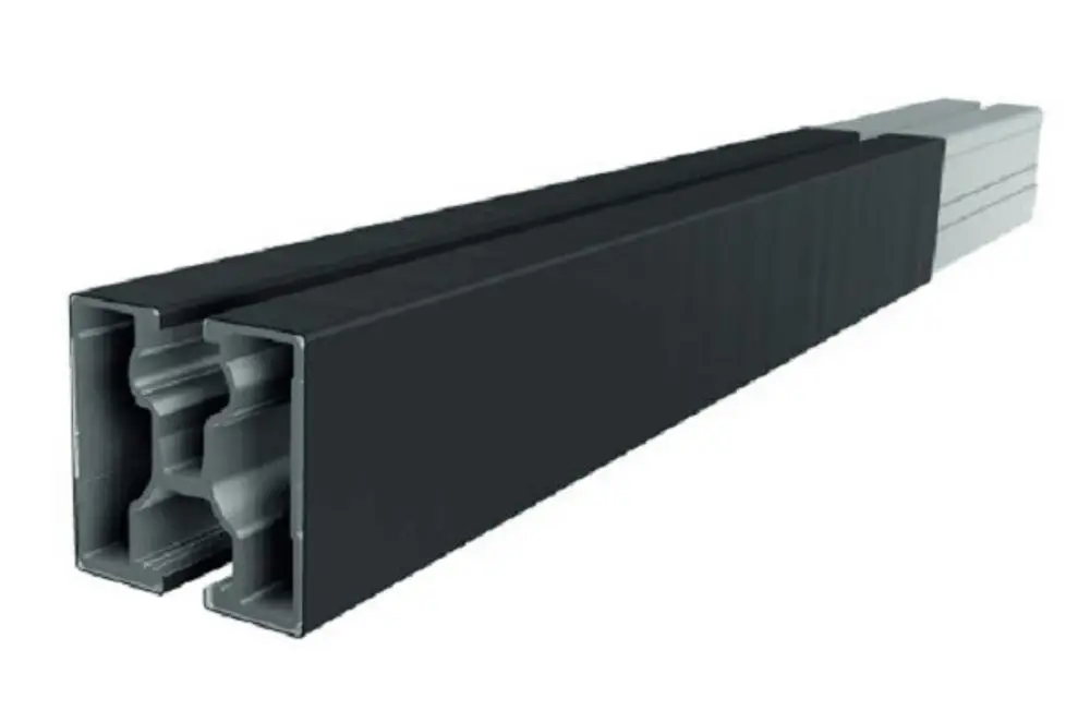 Lange, rechteckige Abdeckung in Schwarz und Silber für Racks. Die Profile sind in unterschiedlichen Farben, typisch für SL Rack Produkte zur Rahmenerweiterung.