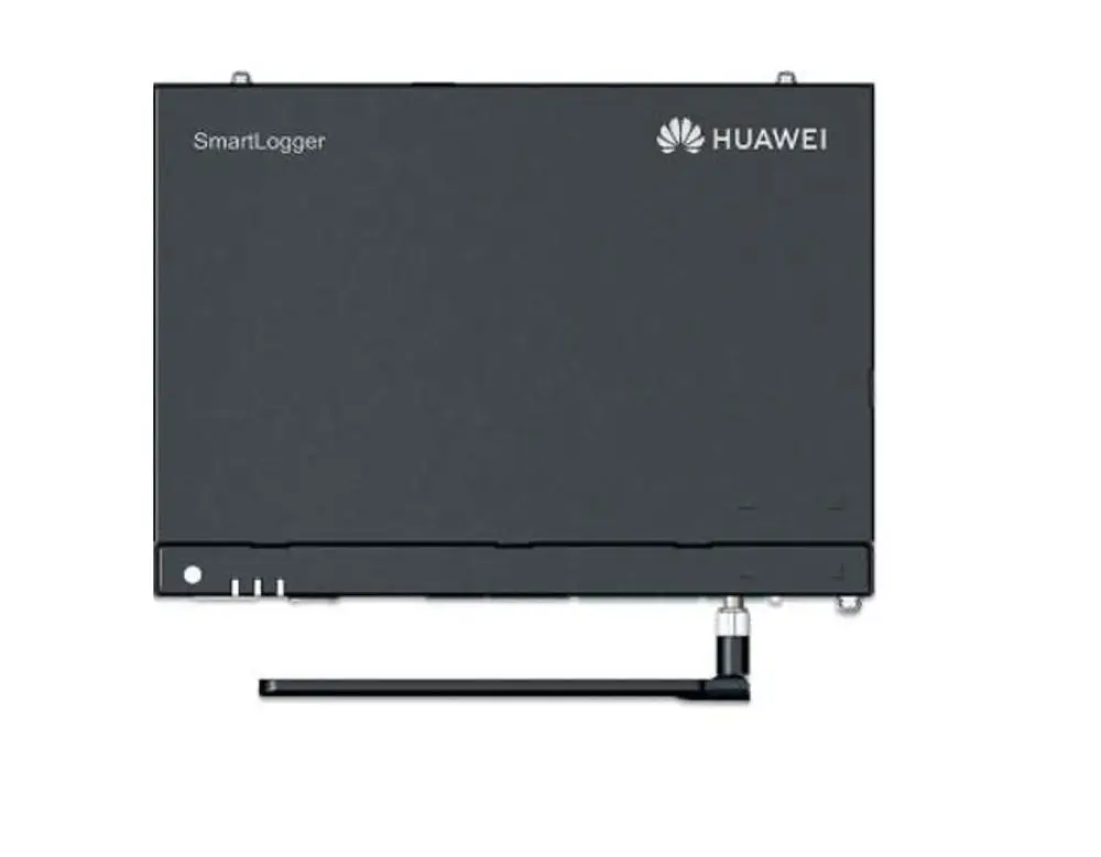 Datenlogger von HUAWEI mit einer dunkelgrauen Oberfläche, ausgestattet mit einer Antenne und mehreren Anschlussmöglichkeiten.
