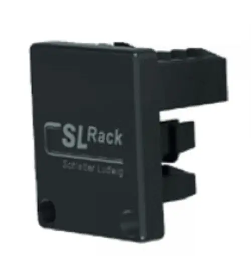 Schwarze Endkappe von SL Rack für ein RAIL35-System. Das Produkt hat eine rechteckige Form mit Befestigungsstellen an der Unterseite.