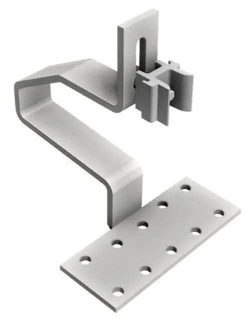 Dachhaken aus Metall mit einer flachen, rechteckigen Basis und einer vertikalen Halterung. Hersteller ist Schletter. Integrierte Befestigungselemente sichtbar.