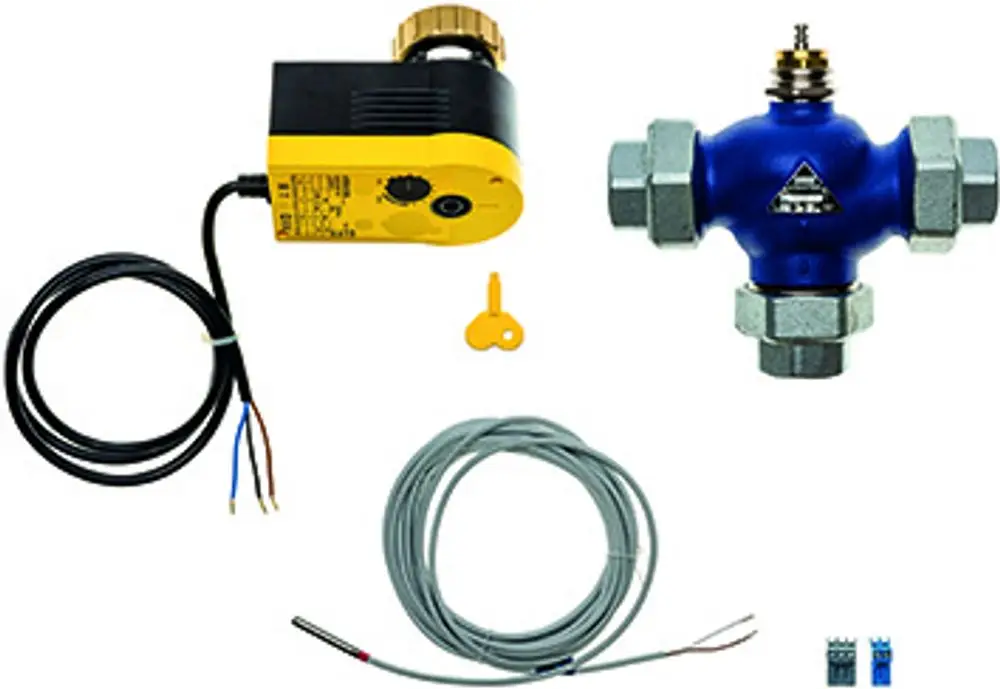 Brötje Umschaltventil mit elektrischer Steuerung, mehreren Anschlussleitungen, Temperaturfühler und Zubehörteilen in verschiedenen Farben.