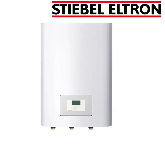 Weißer Kessel mit digitalem Display und zwei Anschlüssen am unteren Rand. Die Marke "Stiebel Eltron" ist im oberen Bereich des Bildes dargestellt.