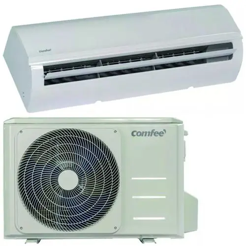 Komplettset einer Klimaanlage von COMFEE, bestehend aus Inneneinheit an der Wand und Außeneinheit mit Ventilator, beide in weißem Design.