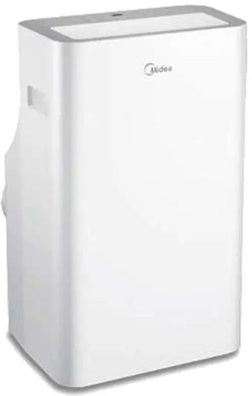 Klimagerät in Weiß von MIDEA mit schlichtem Design und einem Bedienfeld oben. Es verfügt über einen Tragegriff an der Seite für den einfachen Transport.