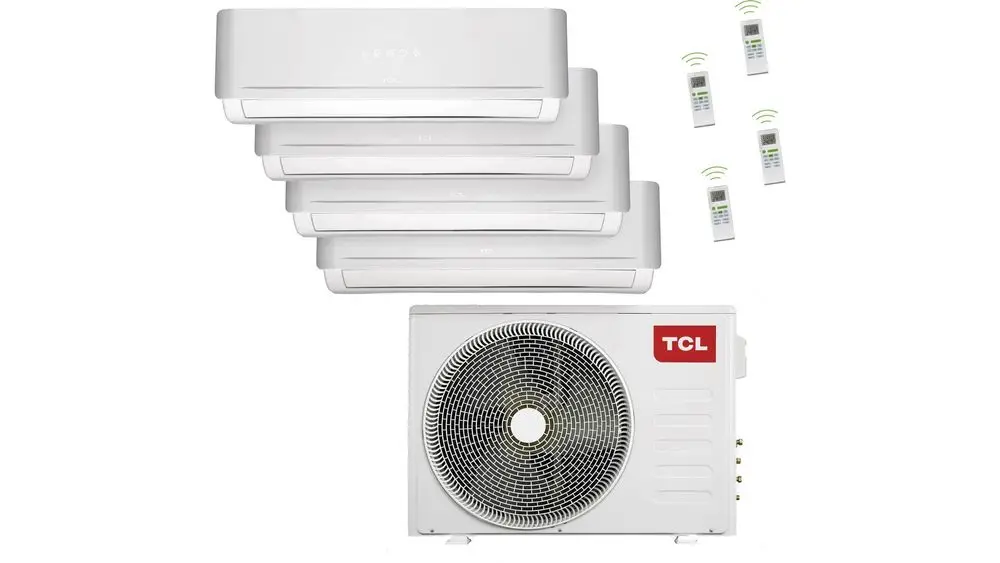 TCL Klimaanlagensystem mit vier innenliegenden Einheiten und einer externen Einheit. Mit mehreren Fernbedienungen für die Steuerung. Alle in Weiß gehalten.