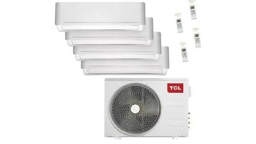 TCL Klimaanlagensystem mit vier innenliegenden Einheiten und einer externen Einheit. Mit mehreren Fernbedienungen für die Steuerung. Alle in Weiß gehalten.