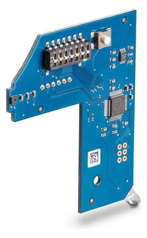 LUNOS Platine in blauer Farbe mit verschiedenen elektrischen Bauteilen, einschließlich eines Steckverbinders und eines Schalters, auf einer gedruckten Schaltung.