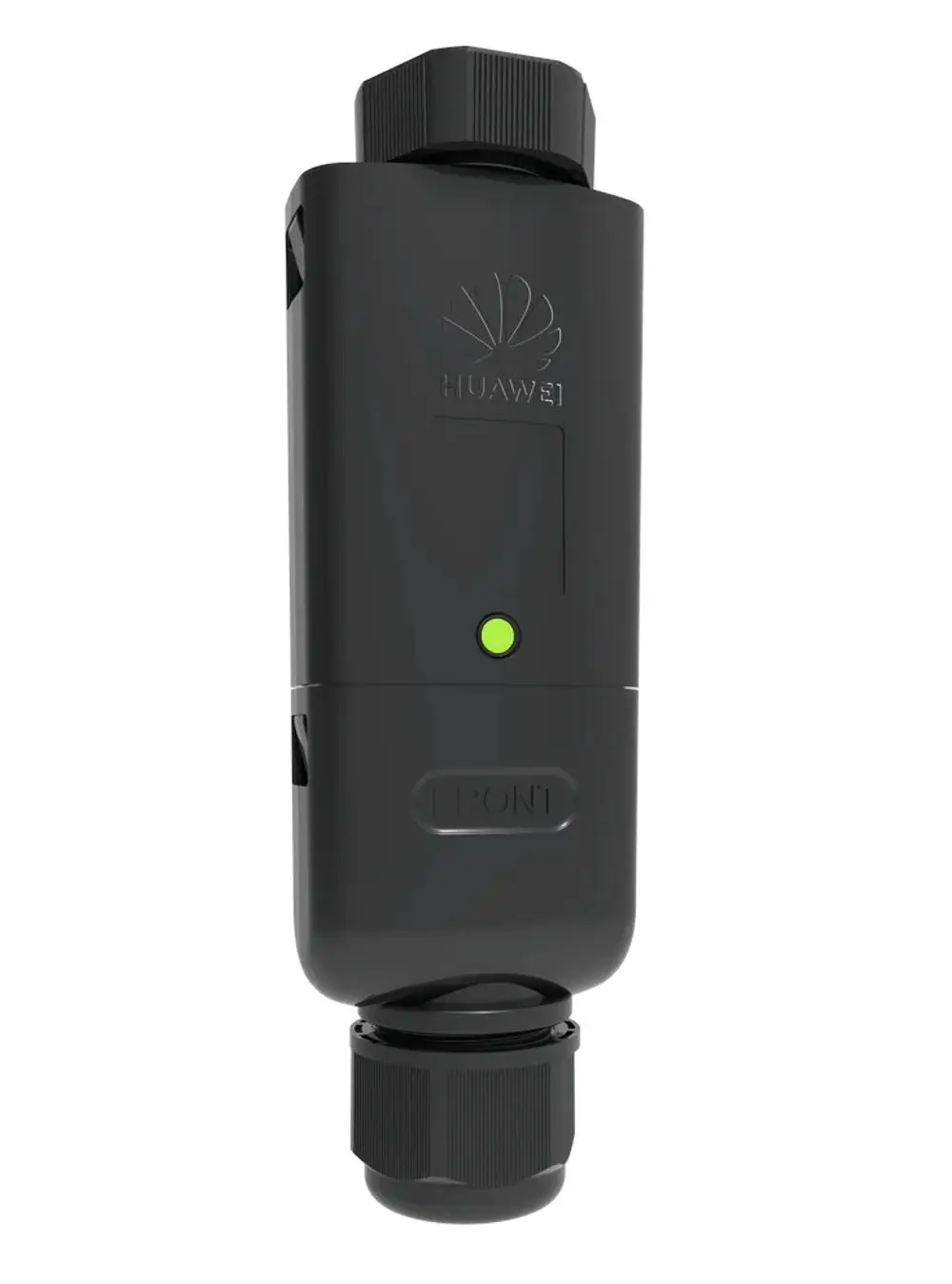 Schwarzer Dongle mit dem Logo von HUAWEI, ausgestattet mit einer grünen LED-Anzeige und einem Anschluss unten. Eine Seite ist als "FRONT" gekennzeichnet.